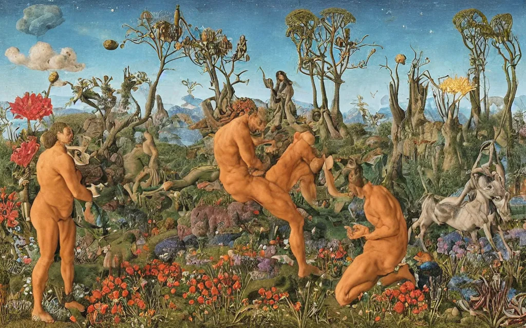 Image similar to a portrait photograph of a meditating satyr and a centaur monk riding a rocket machine and hunting at a river delta. surrounded by bulbous flowers and trees. mountain range under a blue sky of fiery stars. by jan van eyck, max ernst, ernst haeckel, ernst fuchs and artgerm, cgsociety, fashion editorial, 8 k