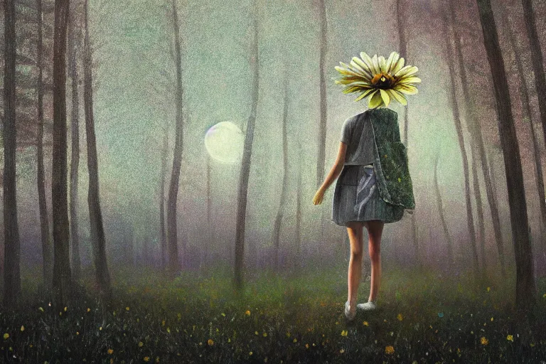 Prompt: giant daisy flower as head, girl walking in forest, surreal photography, dark night, stars, moon light, impressionist painting, clouds, digital painting, artstation, simon stalenhag