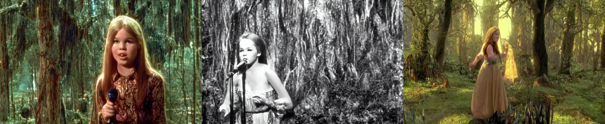 Prompt: young michelle phillips singing a song inside of warcraft elwynn forest, pc screen image.