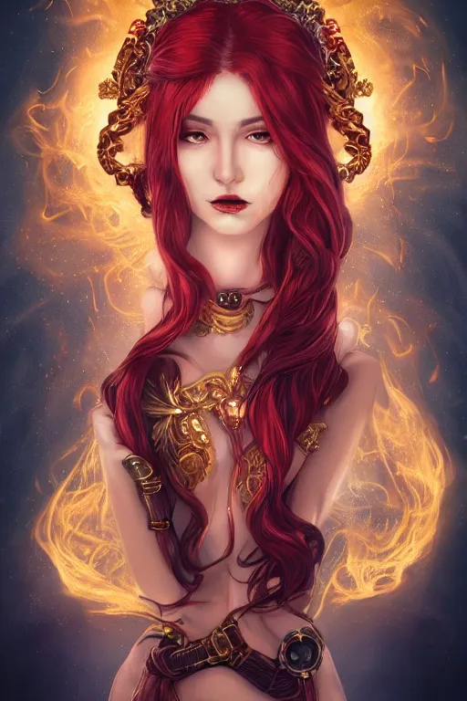 Prompt: a beautiful image of a young woman, steampunk Chandra queen of fire, big google over head, long flowing hair of fire, steampunk costume mostly red and gold young female face, cinematic top lighting, insanely detailed and intricate, face by wlop, Charlie Bowater, golden ratio, symmetric, elegant, ornate, luxury, elite, matte painting, cinematic, trending on artstation, dewviantarta and cgsociety, 8k, high resolution