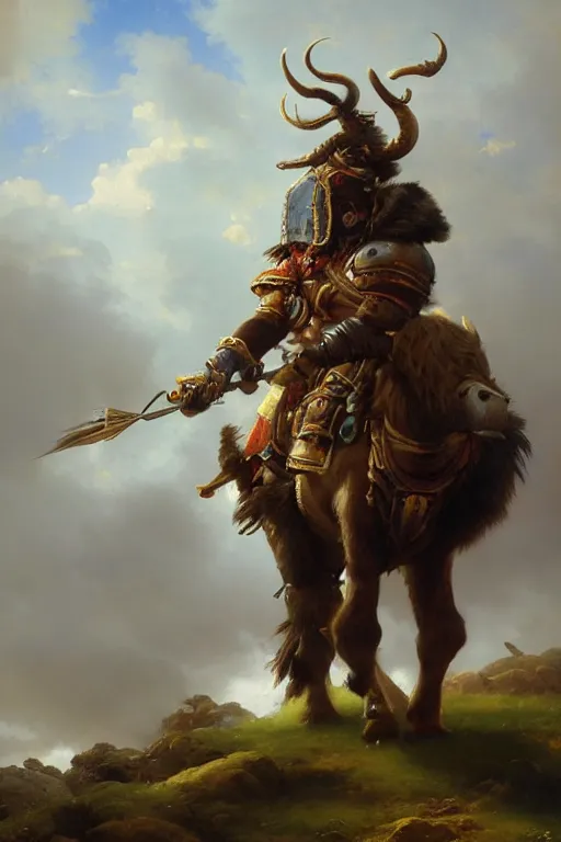 Image similar to oil painting of a tauren wearing full plate armor, in style of ivan aivazovsky, expressive face, detailed face, detailed eyes, full body, feminine face, tracer overwatch,