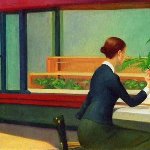 Image similar to idyllic cannabis garden bed in a busy australian cafe muted colors by edward hopper