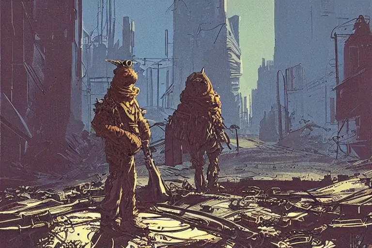 Prompt: garfield wanders a post - apocalyptic wasteland, concept art by syd mead, very detailed, award - winning, fantastic, science fiction art,