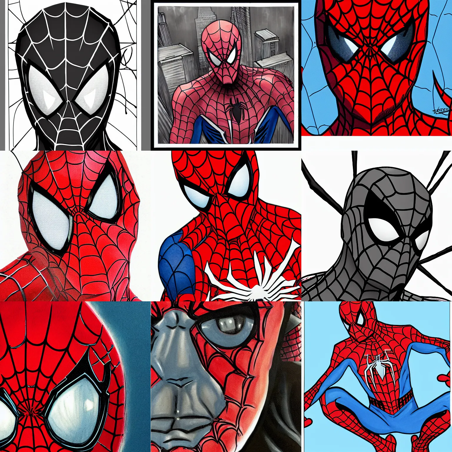 Prompt: mcfarlane spiderman!!! close up headshot of spider-man in mcfarlane style , comic book color drawing by mcfarlane