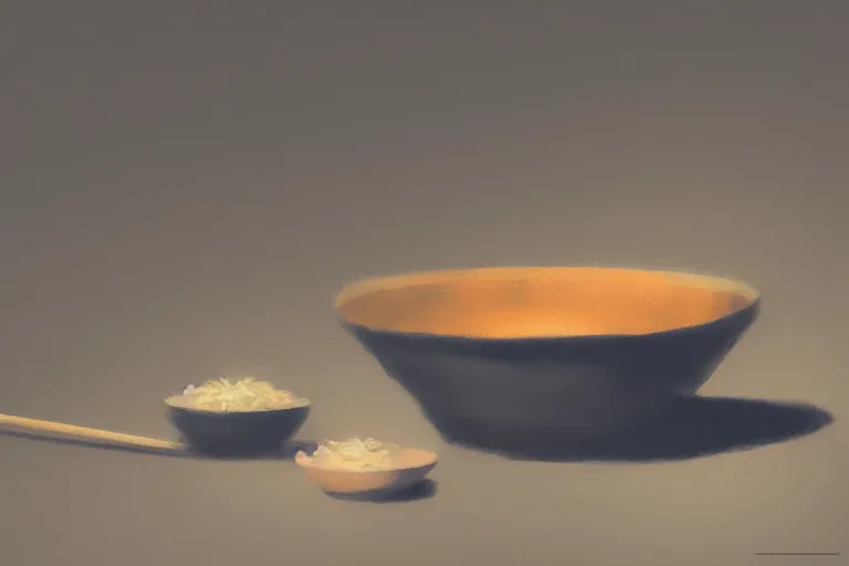 Image similar to empty bowl with a few rice grains and broken chinese chopsticks, dark atmosphere, digital art, trending on artstation