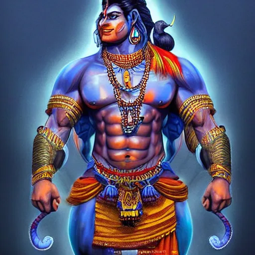 Prompt: muscular, blue bodied lord shiva, engineering a half elephant, half human being, vivid and colorful, cinematic, highly detailed, artstation