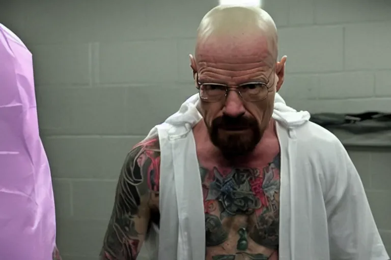 Image similar to walter white as a white gang member wearing a purple head covering made from a polyester or nylon material and a stained white tank top beating up a rival gang member in the prison yard, arms covered in gang tattoo, paparazzi, leaked footage, uncomfortable, bad quality