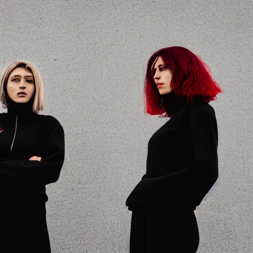 Image similar to photographic portrait of 2 clones in front of a brutalist metal building, 2 techwear women, on a desolate plain, red sky, black oversized clothes, sigma 8 5 mm f / 1. 4, 4 k, depth of field, high resolution, 4 k, 8 k, hd, full color