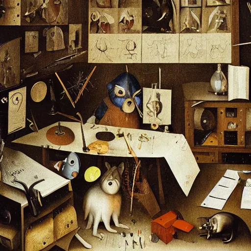 Prompt: anthropomorphic animals working in a cluttered office space by hieronymus bosch, ultra detailed, highly detailed, 8 k, trending on artstation, award - winning art,