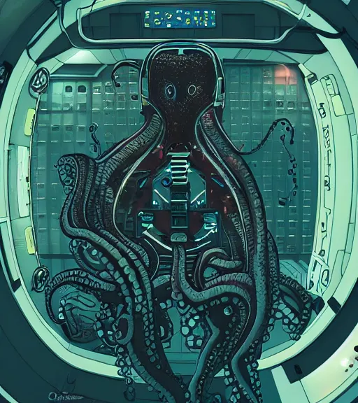 Image similar to a cybernetic realistic octopus in a space station, techwear, Industrial Scifi, detailed illustration, character portrait, graffiti art by Martin Grip and Moebius