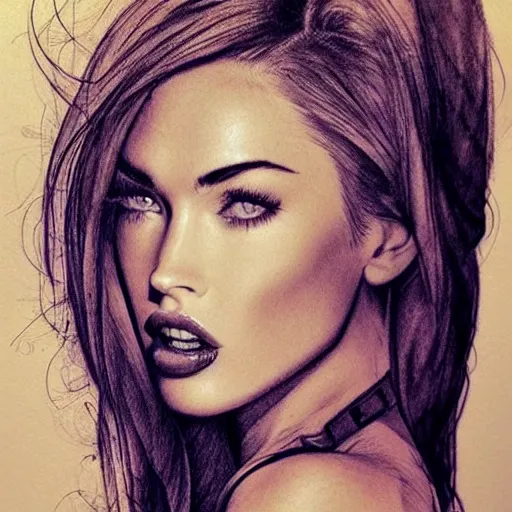 Image similar to tattoo design sketch of megan fox mash up effect with beautiful mountain scenery, in the style of matteo pasqualin, amazing detail