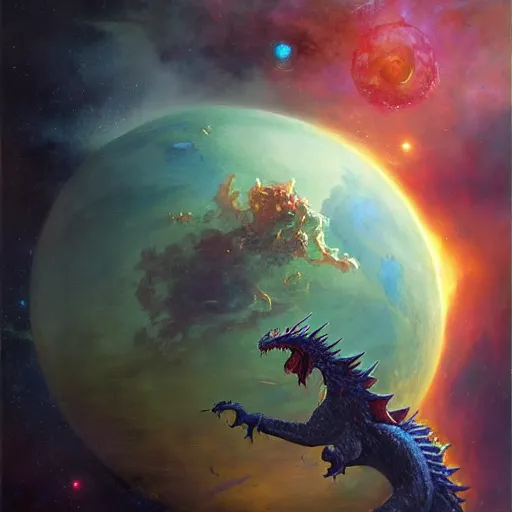 Image similar to Chrystalline blue dragon devouring a planet, space, sun system, nebula, oil painting, by Fernanda Suarez and Edgar Maxence and Greg Rutkowski