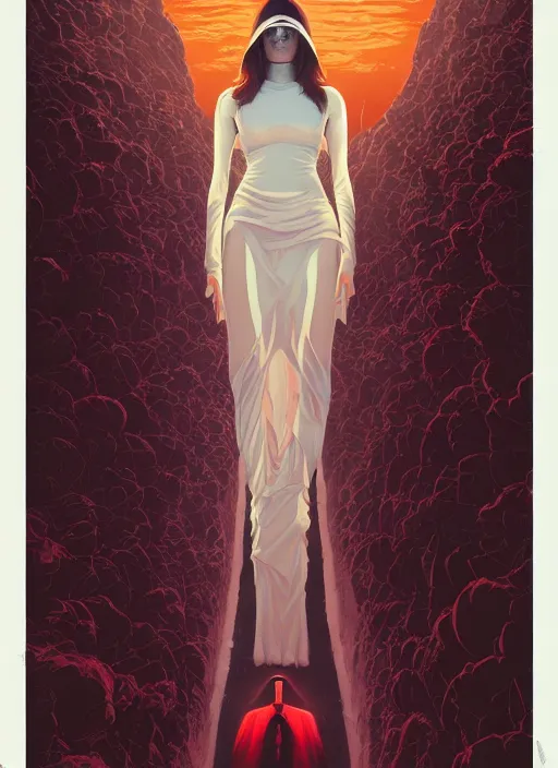 Image similar to poster artwork by Michael Whelan and Tomer Hanuka, Karol Bak of Emma Watson nun, on her knees, looking to the sky, from scene from Twin Peaks, clean