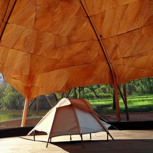 Prompt: wooden sculpture of a tent and a huge salmon, polished maple, thoughtful, elegant, real