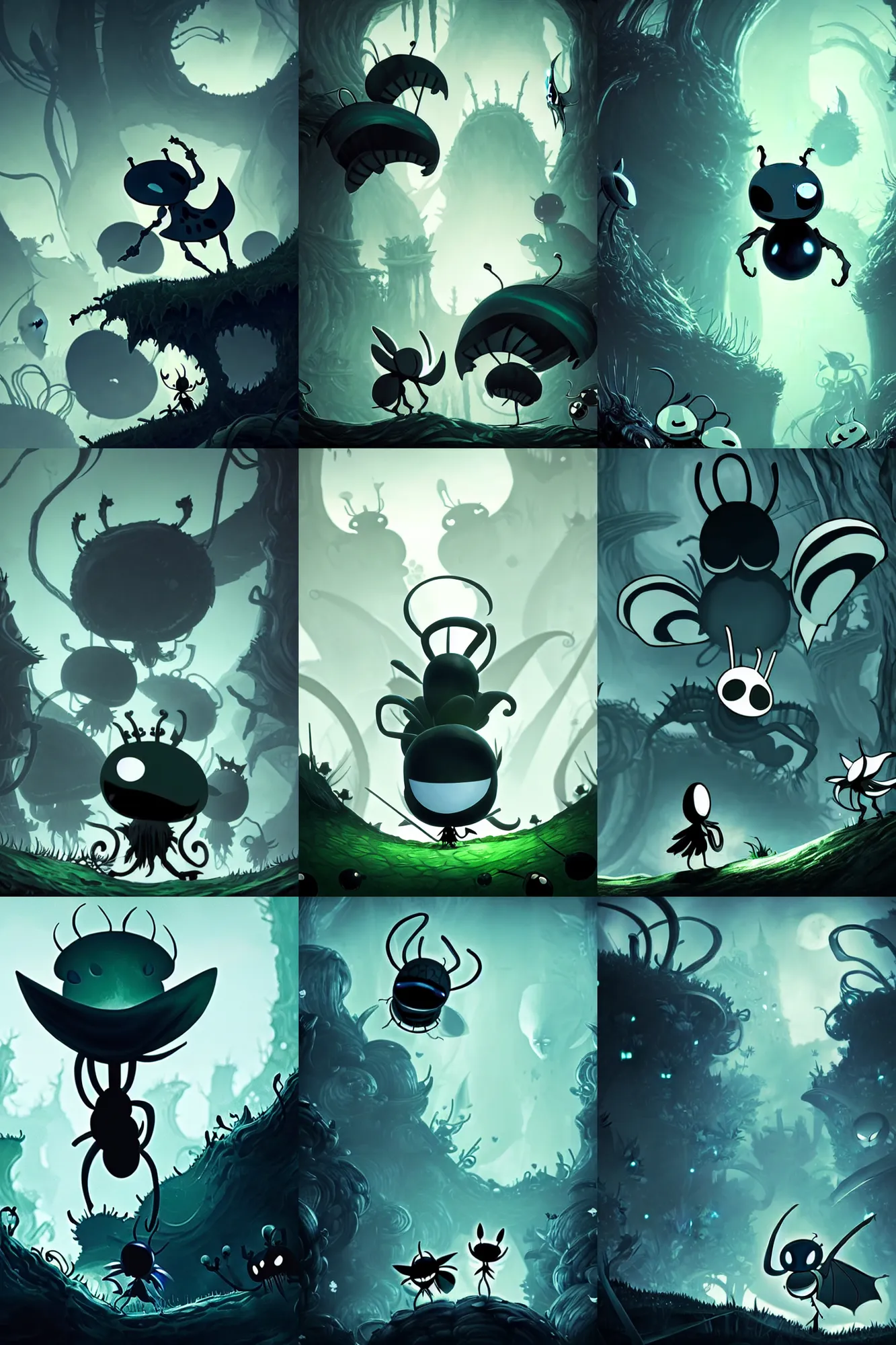 Prompt: cover art for hollow knight. Ominous. Small scale, High detail. No text. Green. Vibrant Colors. Happy. Sharp. 4K 8K. Detailed shapes.