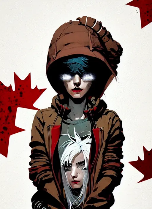 Image similar to highly detailed portrait of a sewer punk canadian lady, tartan hoody, white hair by atey ghailan, by greg rutkowski, by greg tocchini, by james gilleard, by joe fenton, by kaethe butcher, gradient red, brown, blonde cream and white color scheme, grunge aesthetic!!! ( ( graffiti tag wall background ) )