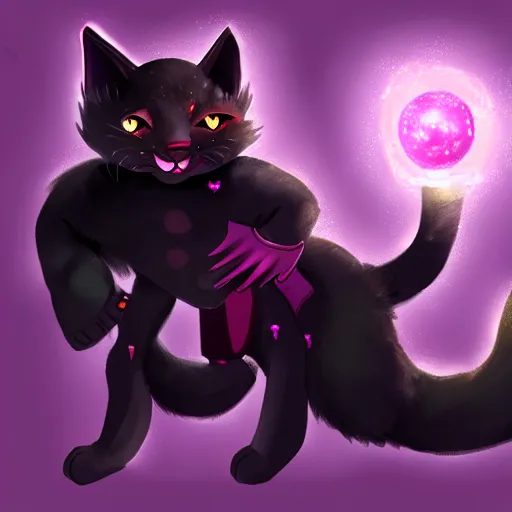 Prompt: A black furred dwarf tabaxi, wearing pink flip flops, laughing maniacally as he casts a magic spell, trending on art station, dungeons and dragons