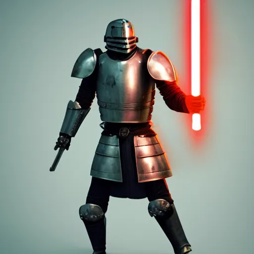 Image similar to medieval armored knight holding a lightsaber, unreal engine render, rendered in octane, symmetric character concept art, cinematic lighting, 4k render, trending on art station