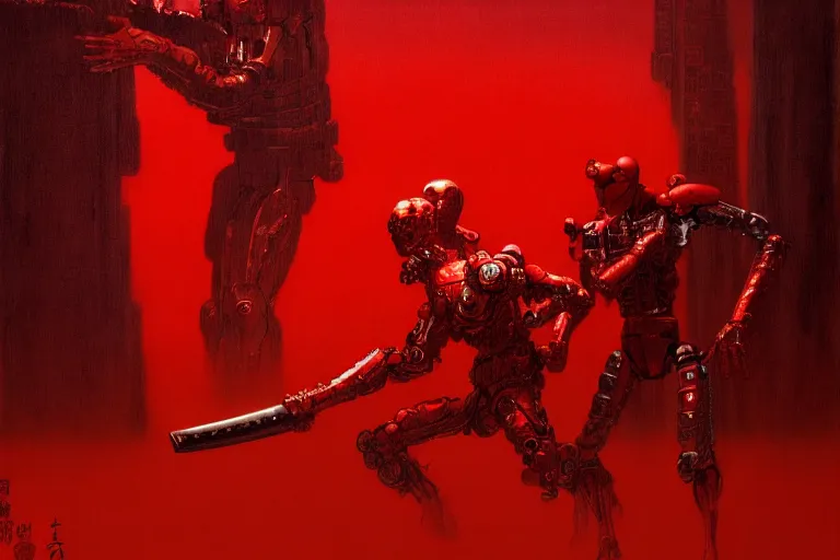 Image similar to only with red, a red cyborg samurai, tokio futuristic in background, some evil yokai fight, in the style of beksinski, parts by edward hopper, parts by rodcenko, parts by yue minjun, intricate and epic composition, red by caravaggio, insanely quality, highly detailed, masterpiece, red light, artstation, 4 k