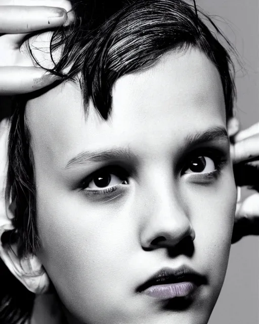 Prompt: close up photo of millie bobby brown by yoji shinkawa, black and white