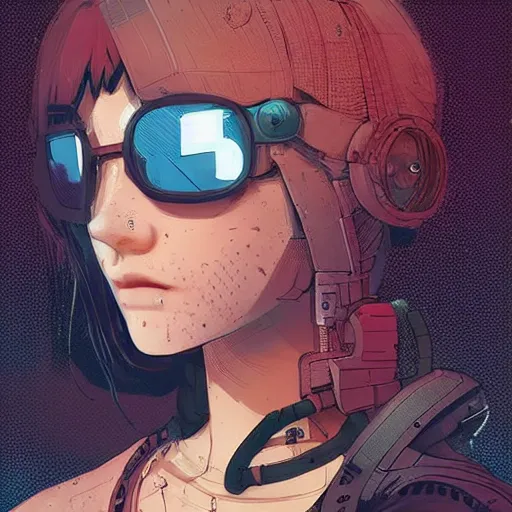 Image similar to Highly detailed portrait of a cyberpunk young lady with, freckles and wavy hair by Atey Ghailan, by Loish, by Bryan Lee O'Malley, by Cliff Chiang, by Greg Rutkowski, inspired by image comics, inspired by graphic novel cover art, inspired by nier!! Gradient color scheme ((grafitti tag brick wall background)), trending on artstation