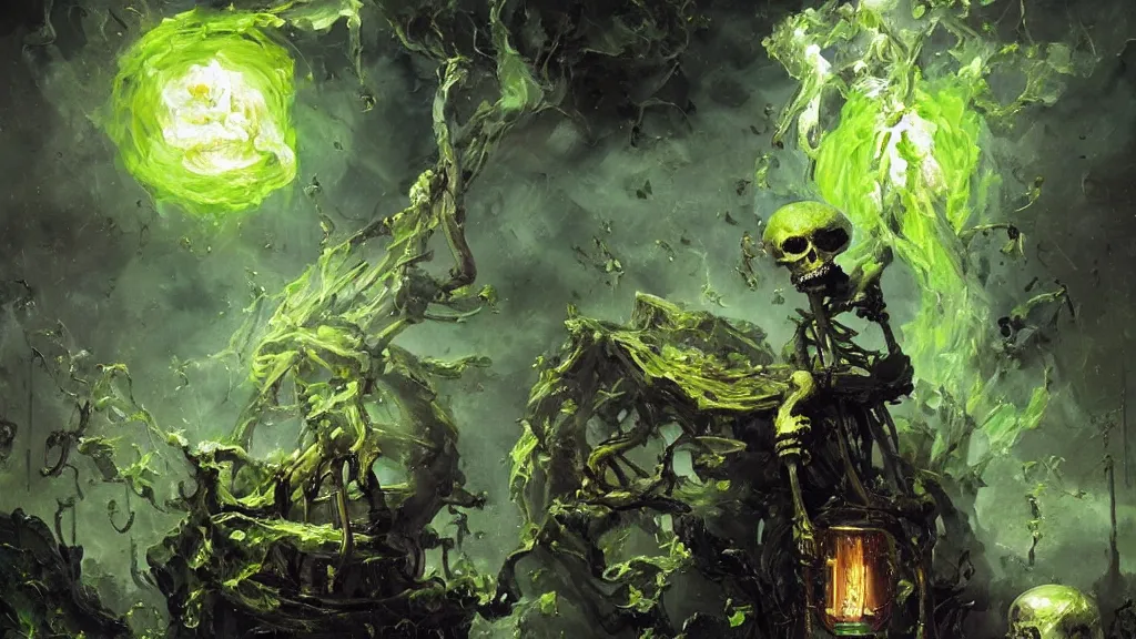 Image similar to A highly detailed oil painting by Greg Rutkowski and Afremov of a skeleton wearing black robes making a potion glowing bright green in a huge bubbling cauldron, highly detailed fantasy concept artwork, very realistic.