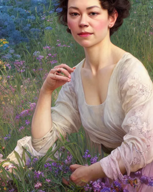 Prompt: a portrait painting of tatiana maslany / perdita weeks hybrid oil painting, gentle expression, smiling, elegant clothing, scenic background, behance hd by artgerm, helen huang, by alphonse mucha, greg rutkowski, tim hildebrandt, boris vallejo