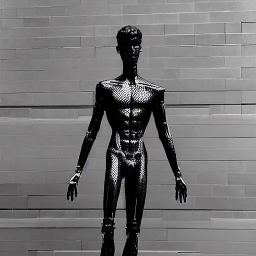 Image similar to “a realistic detailed photo of a guy who is an attractive humanoid who is half robot and half humanoid, who is a male android, Andrew Garfield, shiny skin, posing like a statue, blank stare”