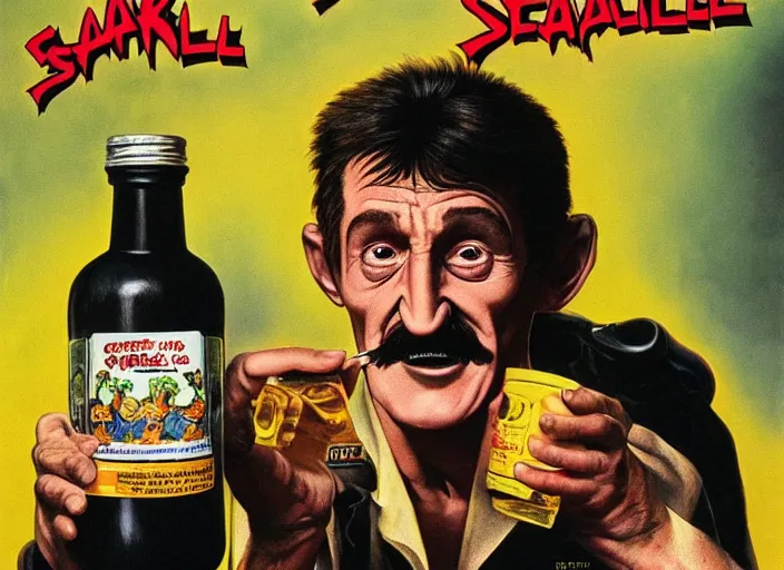 Image similar to barry chuckle drinking a bottle of snake oil, snake oil advertisement from 1 9 8 8, artwork by frank frazetta and richard corben, 3 d, high resolution 8 k