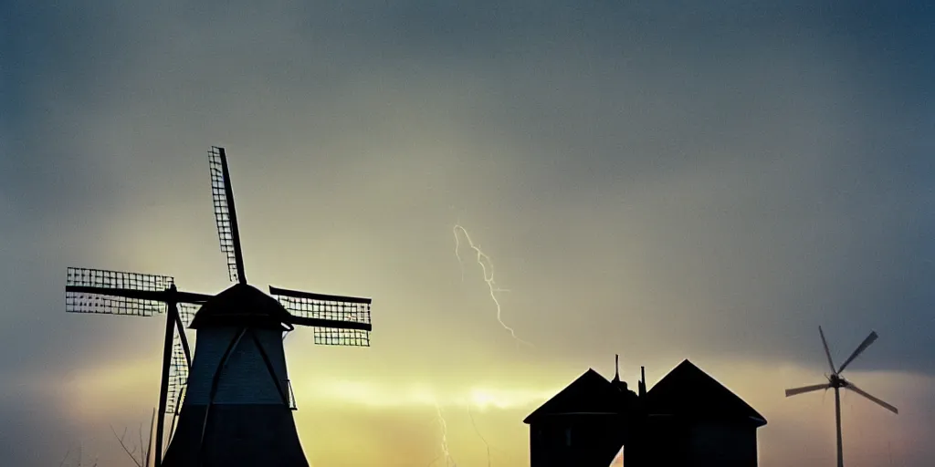 Image similar to photo of a stormy west texas sunset, perfect american windmill, film photo, lightning, golden hour, high quality, beautiful!!!