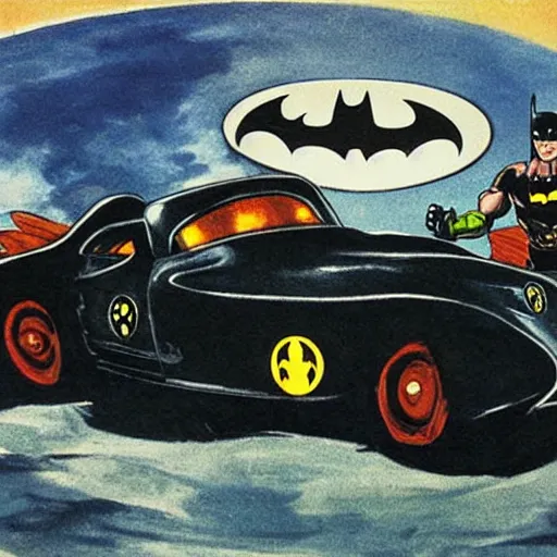 Image similar to batman and robin driving the batmobile, painted by el greco