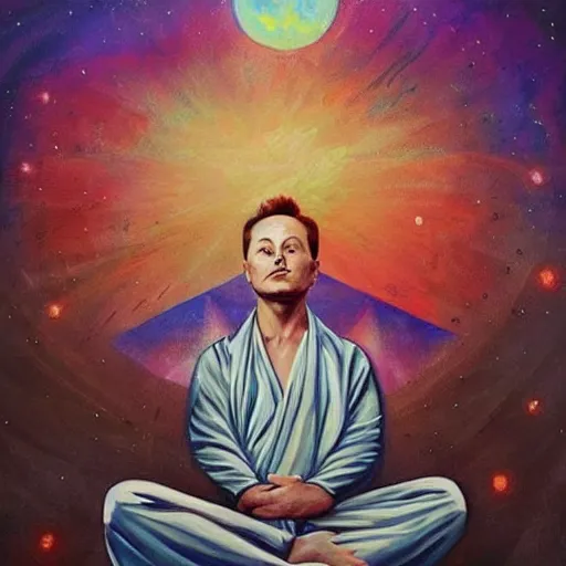 Prompt: this is a painting with the theme elon musk inner peace on the artstation trending page of year 2 2 2 2