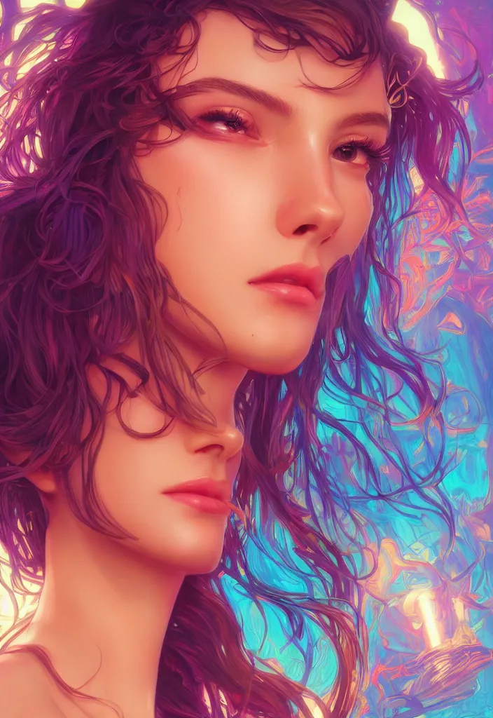 Image similar to beautiful, young woman, detailed gorgeous face, vaporwave aesthetic, synthwave, colorful, psychedelic, artstation, concept art, smooth, extremely sharp detail, finely tuned detail, ultra high definition, 8 k, unreal engine 5, ultra sharp focus, illustration, art by artgerm, greg rutkowski and alphonse mucha