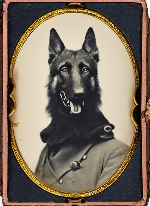 Image similar to professional studio photo portrait of anthro anthropomorphic german shepard head animal person fursona serious wearing elaborate military general uniform clothes degraded medium by Louis Daguerre daguerreotype tintype