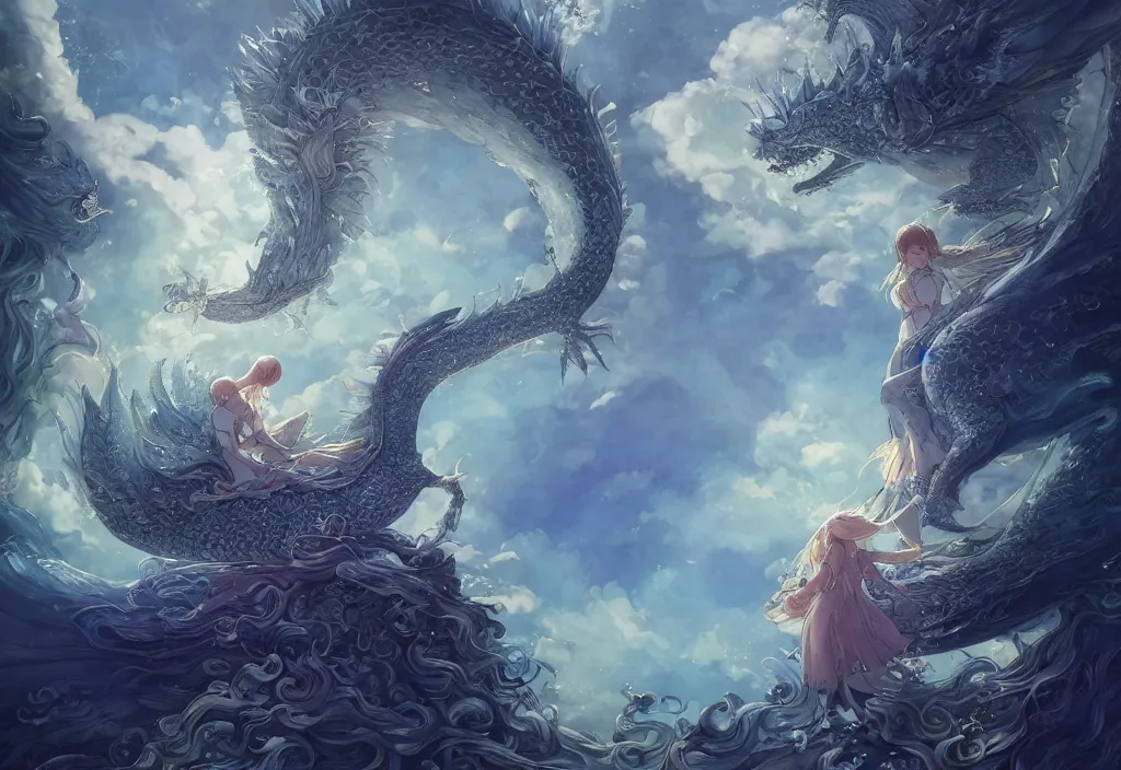 Image similar to the beautiful hyper detailed scene render that a lonely single beautiful girl lies in the arms of a huge silver dragon alone in the fairyland surrounded by white clouds, in the style of makoto shinkai victo ngai and peter mohrbacher studio ghibli artgerm karol bak beeple, cinematic, beautiful dream, ultra wide angle, animation style, 8 k hd