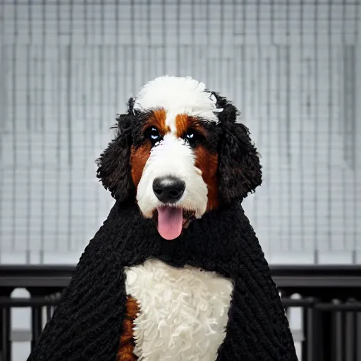 Image similar to a closeup photorealistic photograph of a cute smiling knitted bernedoodle judge dog dressed in a black gown, presiding over the courthouse. indoor image, professional capture, well lit shot. this 4 k hd image is trending on artstation, featured on behance, well - rendered, extra crisp, features intricate detail, epic composition and the style of unreal engine.