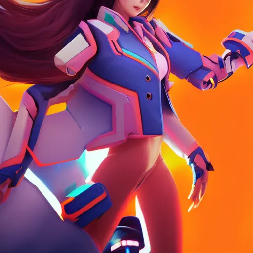 Image similar to waking dream, d. va from overwatch wearing orange ektachrome bomber jacket, craig mullins style