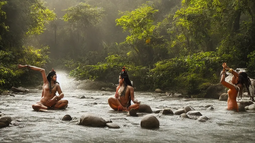 Image similar to lord shiva and his wife goddess parvati, bathing on a river, foggy morning, sun rays, atmospheric and heavenly photo