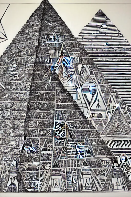 Image similar to a black and white drawing of a egyptian pyramid cityscape, a detailed mixed media collage by hiroki tsukuda and eduardo paolozzi and moebius, intricate linework, sketchbook psychedelic doodle comic drawing, geometric, street art, polycount, deconstructivism, matte drawing, academic art, constructivism