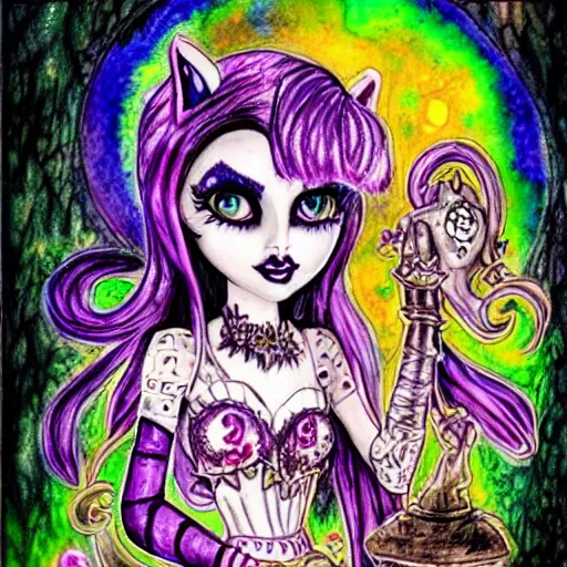 Prompt: josephine wall watercolor drawing of a monster high universe clawdeen wolf fullmoon