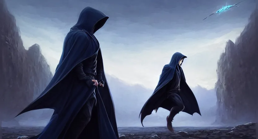 Image similar to handsome mage with stave running away from giant airship, black hair wearing square hooded gothic navy cloak, cave town, movie action still frame, ultra wide horizon, intricate, elegant, highly detailed, hyperrealism, digital painting, concept art, smooth, sharp, focus, illustration, art by artgerm, greg rutkowski, ilya kuvshinov