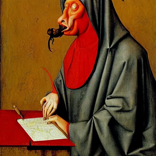 Prompt: red devil gargoyle on a conference call, Medieval painting by Jan van Eyck, Hieronymus Bosch, Florence