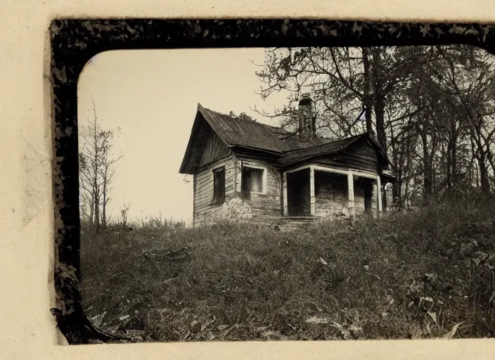 Prompt: sinister black and white old photography of a small house in the woods. daguerreotype photo