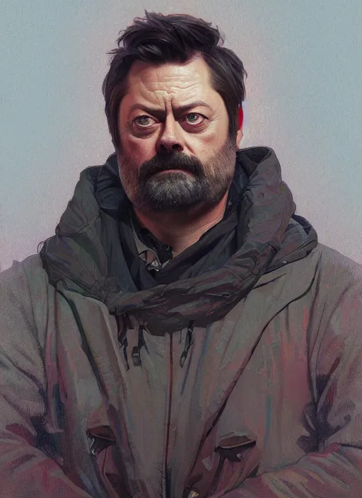 Prompt: a full body portrait oil painting illustration of nick offerman by justin sweet and greg rutkowski and alphonse mucha with face and body clearly visible, techwear, futuristic, cyberpunk, artstation trending, high quality, sombre mood, artstation trending, abstract colours, no crop, entire character!,