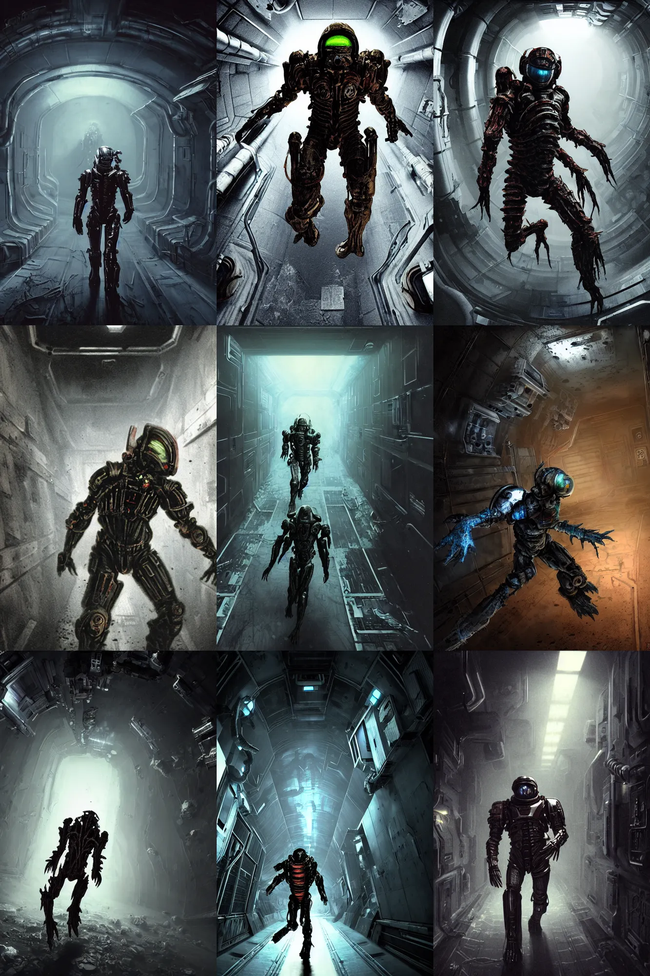 Prompt: horror movie scene of an individual in futuristic armor being chased down a hallway, running through a deep space mining space station, rusty metal walls, broken pipes, side angle, dark colors, muted colors, tense atmosphere, mist floats in the air, amazing value control, dead space, moody colors, dramatic lighting, ussg ishimura, frank frazetta, hr giger interior