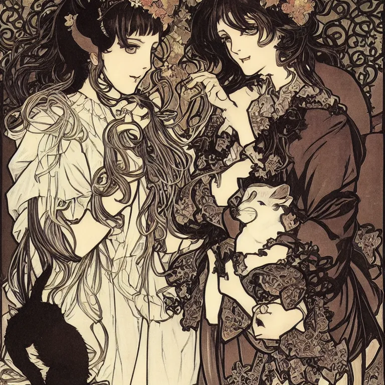 Image similar to gothic lolita and her cat companion. chiaroscuro manga illustration by clamp and alphonse mucha.