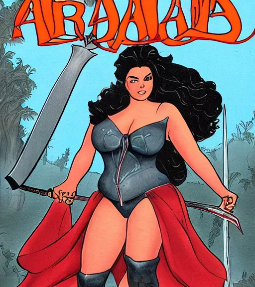 Image similar to 1 9 8 0 s fantasy novel book cover, plus size amazonian ariel winter in extremely tight bikini armor wielding a cartoonishly large sword, exaggerated body features, dark and smoky background, low quality print