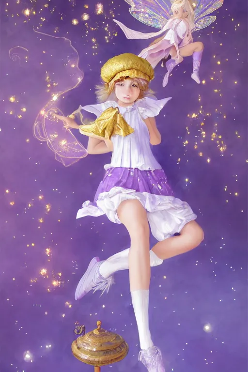 Prompt: Full View fairy maiden with short blond hair wearing an oversized purple Beret, Baggy Purple overall shorts, Short Puffy pants made of silk, silk shoes, a big billowy scarf, Golden Ribbon, and white leggings Covered in stars. covered in embroidery. Short Hair. peasant magic. masterpiece 4k digital illustration by Ruan Jia and Mandy Jurgens and Artgerm and william-adolphe bouguereau, award winning, Artstation, art nouveau aesthetic, Alphonse Mucha background, intricate details, realistic, panoramic view, Hyperdetailed, 8k resolution, intricate art nouveau