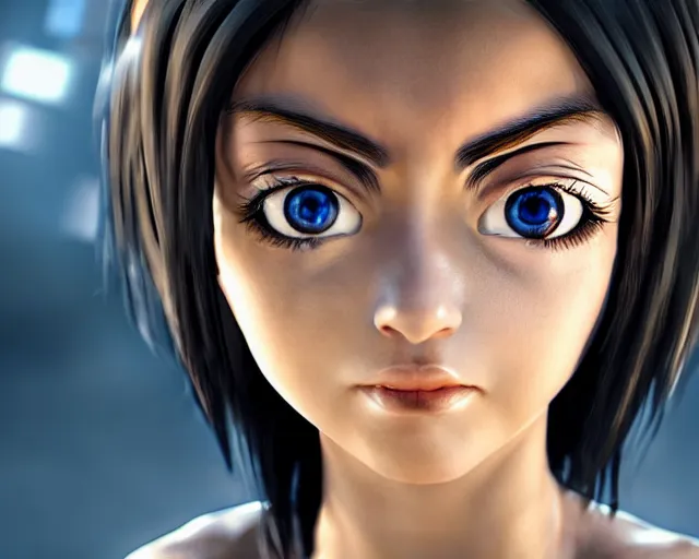 Prompt: battle angel alita, beautiful portrait, doe eyes, mouth open, photorealistic, lifelike, octane engine, cinematic lighting, high detail, high resolution