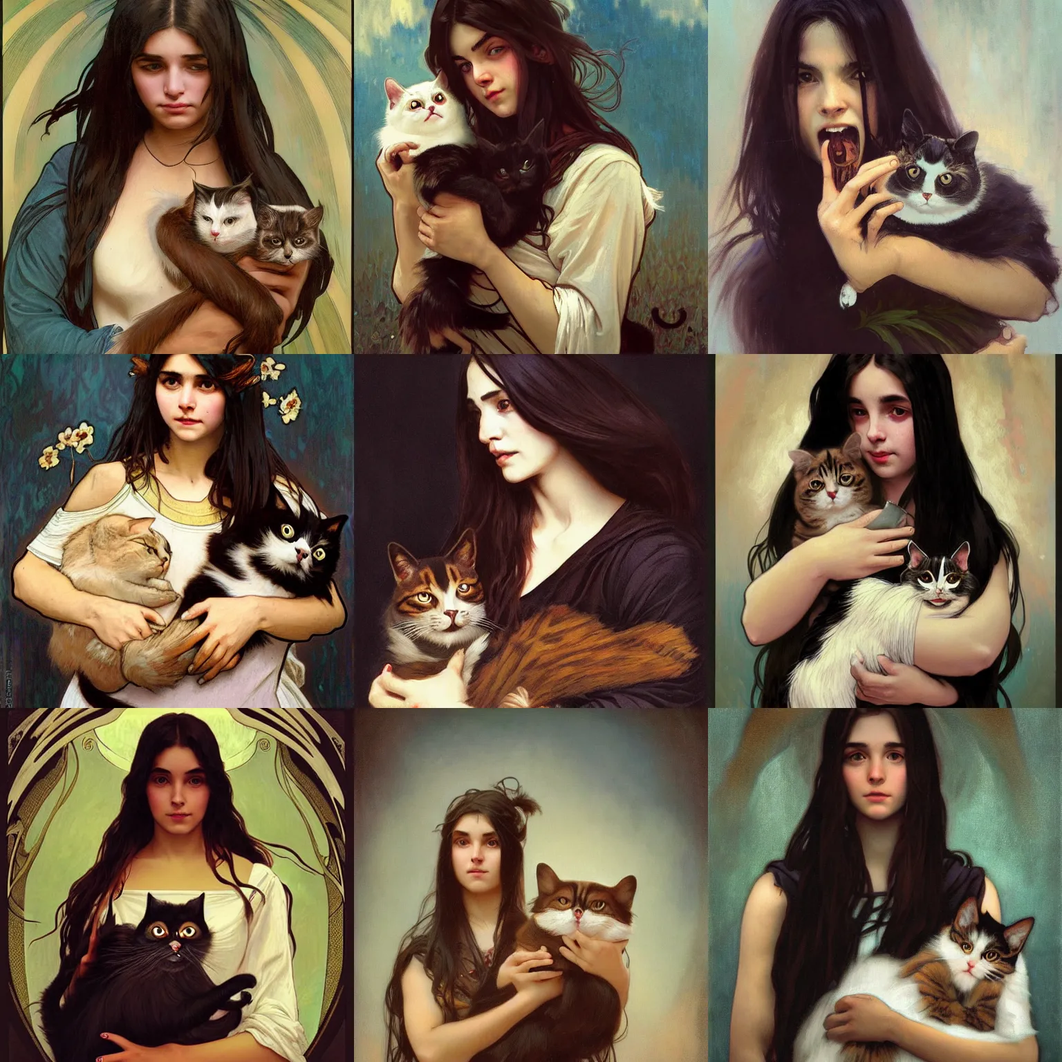 Prompt: girl with long dark hair thick eyebrows and dark eyes, she is holding a screaming cat in her arms, by juan villafuerte, greg rutkowski and alphonse mucha, pexels contest winner, high quality photo, rtx, hd